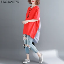 Женская красная хлопковая льняная футболка больших размеров повседневные свободные летние топы женские модные футболки с круглым вырезом и коротким рукавом Y534