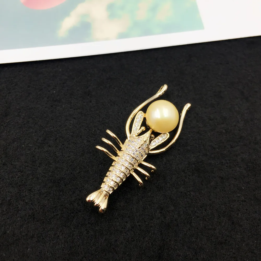 

New Vintage Jewelry Cubic Zirconia Animal Lobster Brooch Women Men Korean Freshwater Pearl Brooches Collar Pins Party Gift