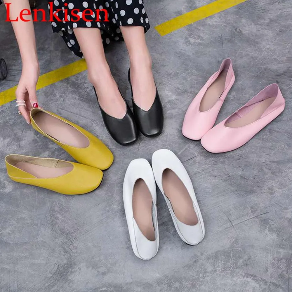 

Woman brand hand-sewn leather loafers genuine leather driving ballet shoes square toe popular grandma flats vocation shoes L35