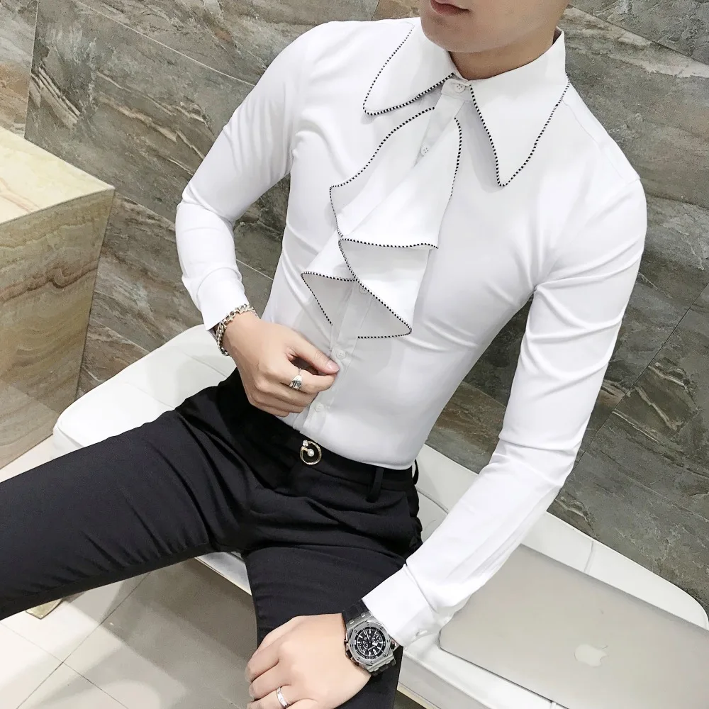 

2019 spring trend long-sleeved shirt hair stylist nightclub Korean men's personality youth fashion slim shirt male