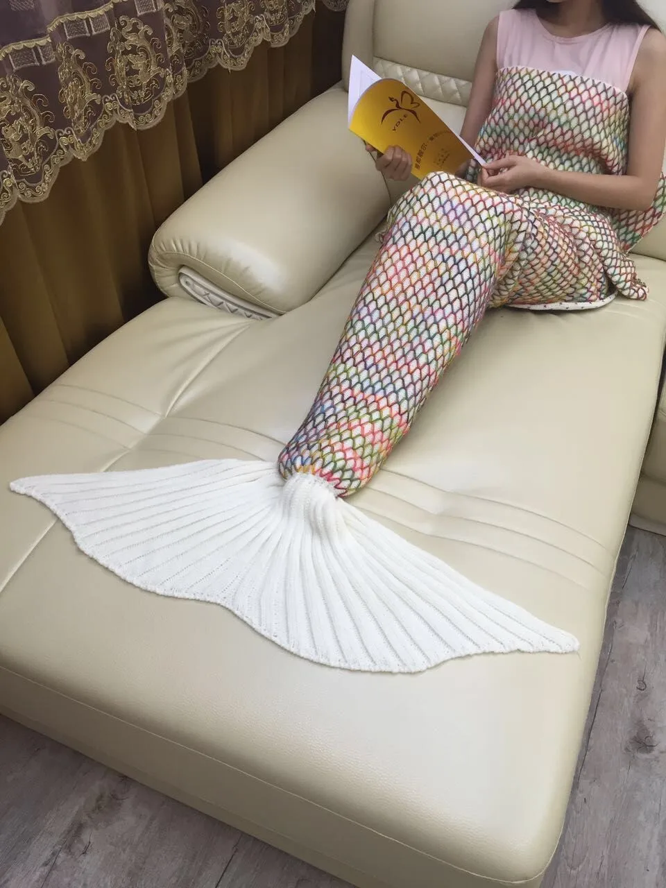 

Plaid Mermaid Blanket Yarn Knitted Mermaid Tail Blanket Adult Handmade Crochet Soft Home Sofa Sleeping Bag Adults Sleeping Throw