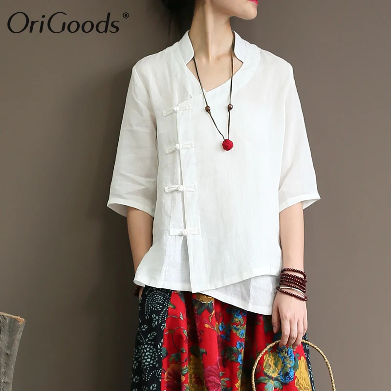 

OriGoods Chinese style Solid White Shirt Blouse Women Ramie Vintage Original design Summer Blouse Shirt Women Tops Blusas A334