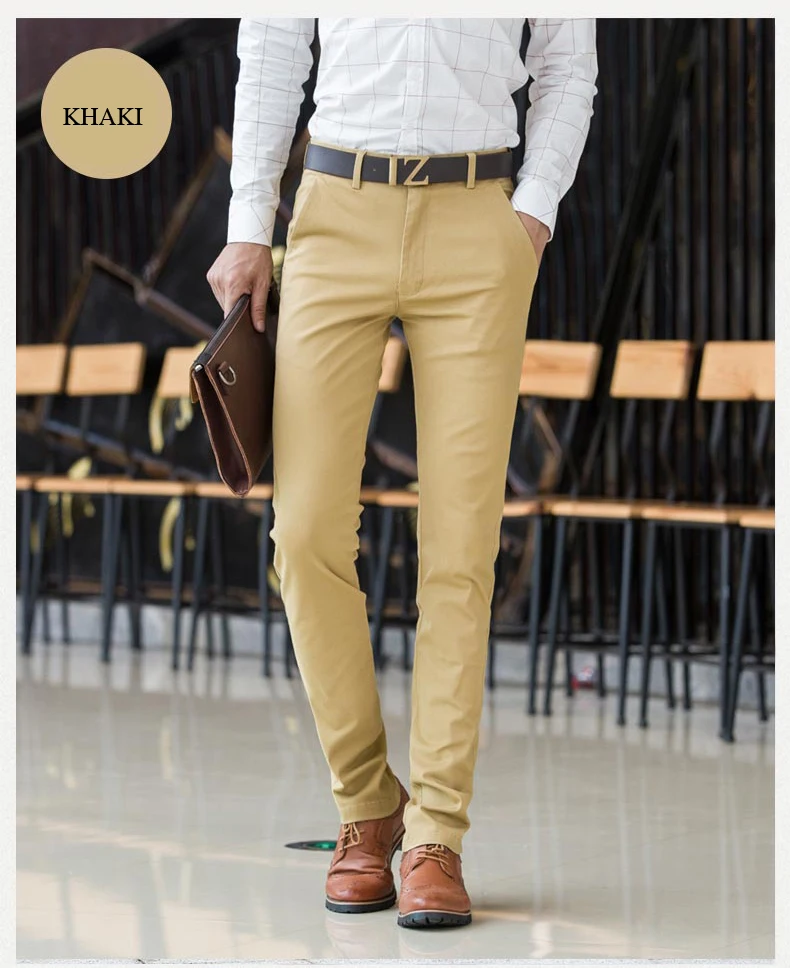 Весенне-летние мужские повседневные классические брюки из хлопка, деловые Стрейчевые прямые брюки цвета хаки, официальные мужские длинные брюки для работы