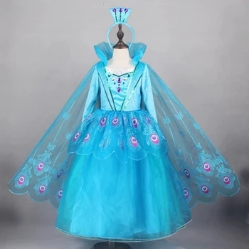 

100%real children girl sky blue peacock embroidery cloak dress with hairband stage/stuido/ queen/princess cos girl