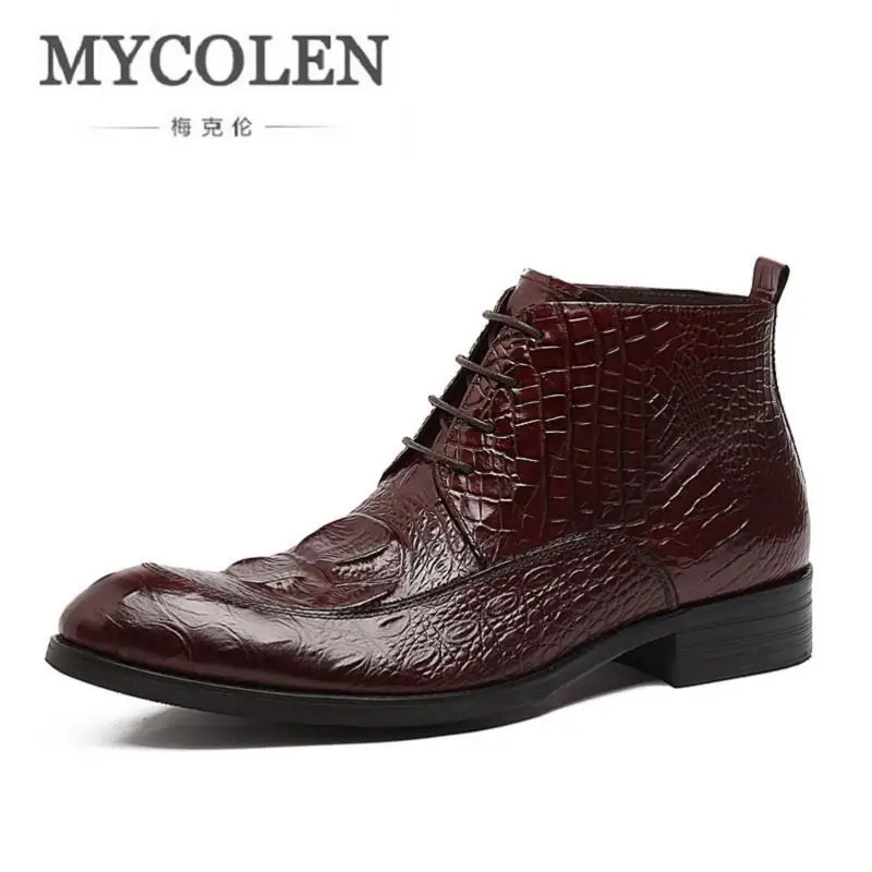 

MYCOLEN Boots Men Crocodile Pattern Winter Shoes New comfort Men's Boots Lace-up Men Boots Warm Genuine Leather Rubber Men Boots