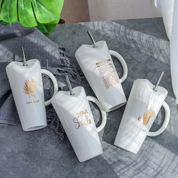 

Creative Glod Cactus Leaf Letter Ceramic Coffee Mug with Stainless Steel Straw Porcelain Coffee Milk Tea Cup Drinkware