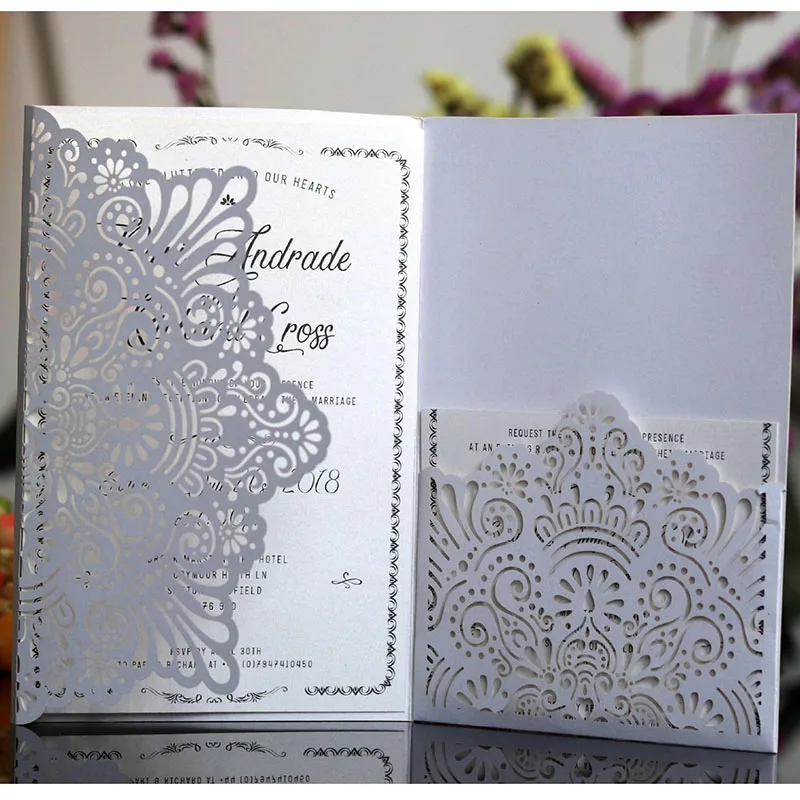 100 шт Европейская лазерная резка, для свадьбы Пригласительные открытки Роза элегантные три раза кружева бизнес поздравительные открытки Свадебные украшения - Цвет: WhiteCoverinner