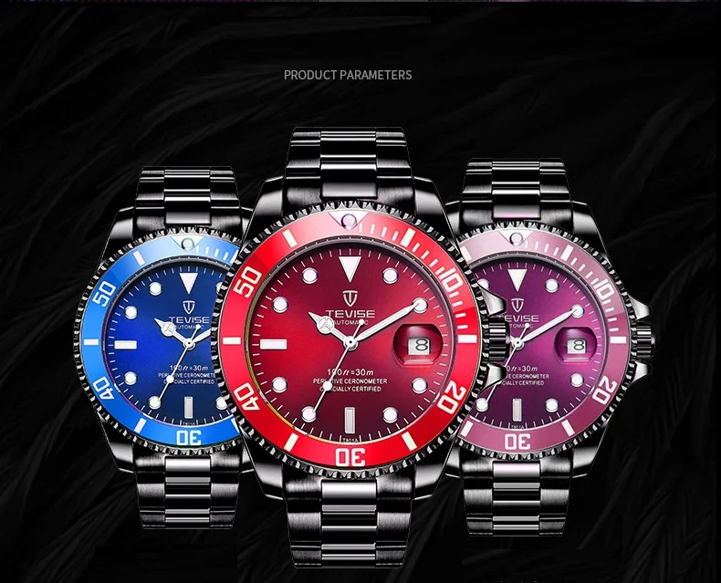 1TEVISE Red Watch Men Creative Luminous Watches Date Waterproof Clock Man Blue Automatic Watch Purple Mechanical Wristwatches (12)