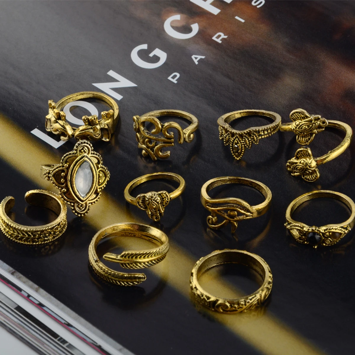 11pcs Vintage Elephant Leaf Crystal Punk Ring Sets Shellhard Boho Lady Finger Knuckle Stacking Midi Rings Set Femme Jewelry