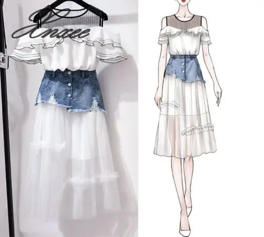 

2019 new female summer dress fashion small fresh and playful leaking shoulder mesh skirt two-piece