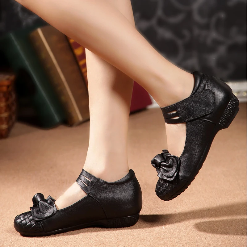 Демисезонные ботинки Для женщин дышащая кожа коровы туфли Мэри-Джейн удобные на низком каблуке Туфли без каблуков Бабочка Леди Обувь