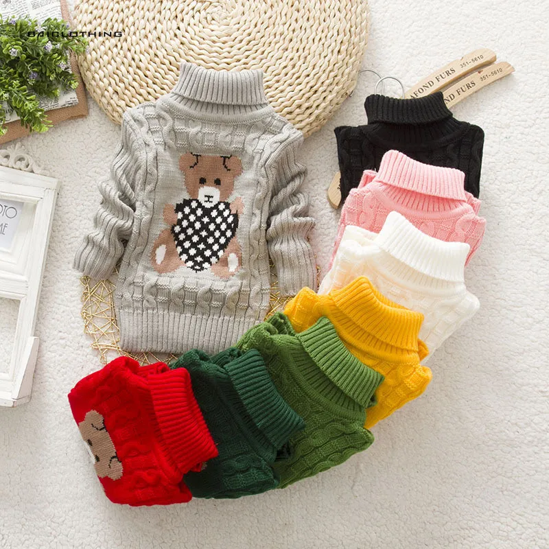 Осенне-зимний свитер для маленьких девочек и мальчиков; пуловер; свитера с милым рисунком медведя; трикотажная одежда для детей; детская верхняя одежда с высоким воротником