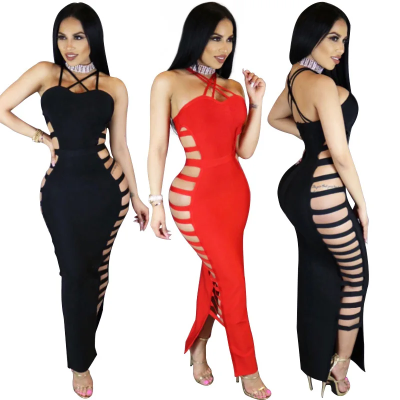 

Party Women Long Dresses Sexy Bandage Off Shoulder Transparent Dress Halter Wrap Pencil Pure Color V Neck Dress
