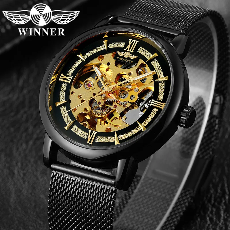 

WINNER Automatic Mechanical Men Wristwatch Military Sport Male Clock Top Brand Luxury Steel Skeleton Waterproof Man Watch 034