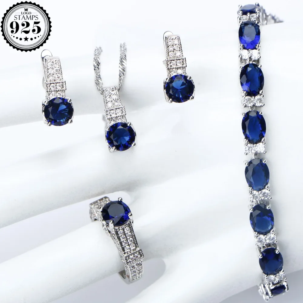 Синий CZ свадебный костюм Ювелирные наборы для женщин Свадебные серебряные 925 ювелирные изделия браслет серьги кулон ожерелье кольцо подарочная коробка