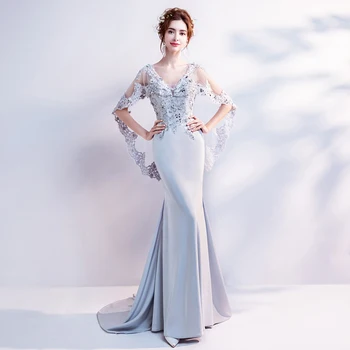 

Fashion Hot Sale V Neck Lace Long Evening Dress Mermaid The Bride Party Sexy Backless Formal Prom Dresses Gown Custom