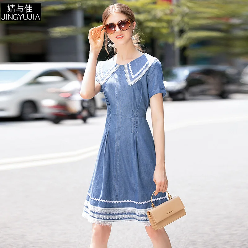 

Denim Dress Summer Women's Fashion 2019 Preppy Style Lace Patchwork Turn Down Collar Short Sleeved Slim A-Line Dress Knee Length