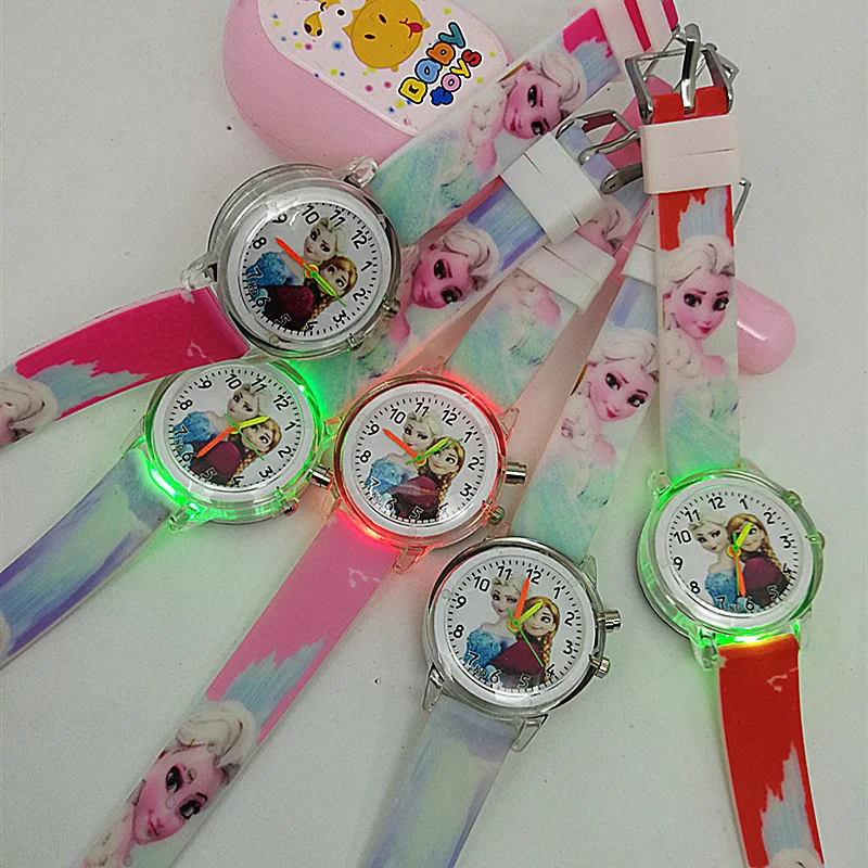 

2019 pop color glitter print silicone strap children's cartoon princess elsa electronic watch sister gift watch