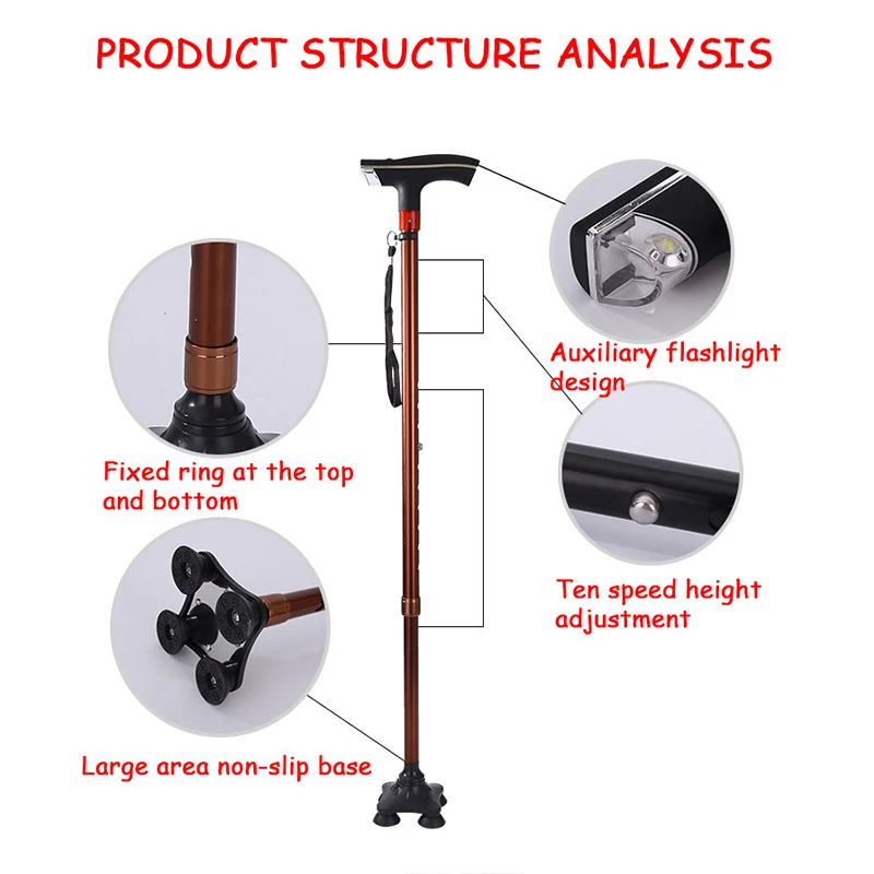 Cleye High Quality Old Man Trekking Cane Light Aluminum Alloy With LED Anti-Skid Falling Wrist Rope Alarm Function For Seniors