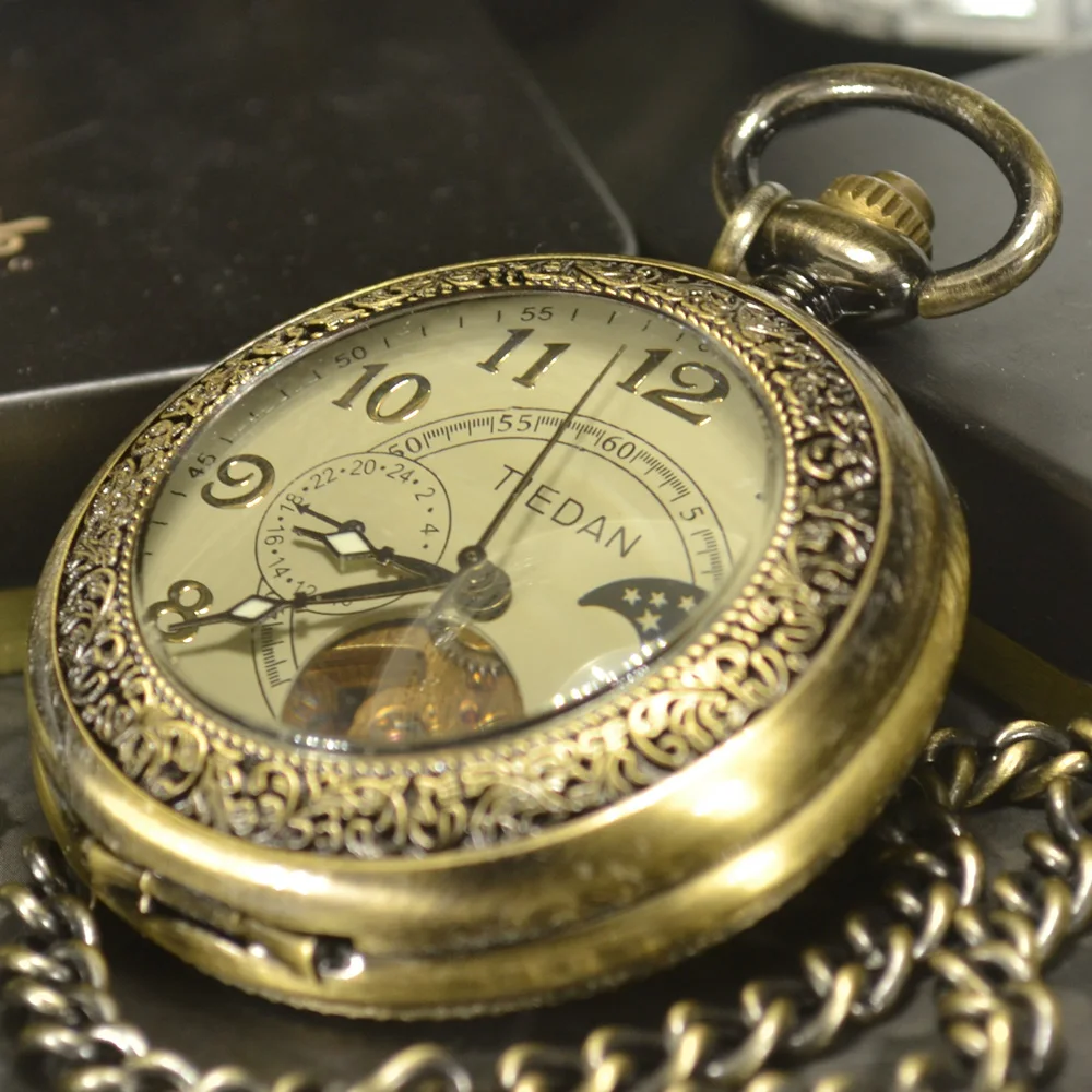 Luxo Skeleton Bronze Retro Relógio de Bolso Antigo Esqueleto Mecânica Pocket Ver Colar Cadeia Homens de Negócios & Fob Relógios - Image 6