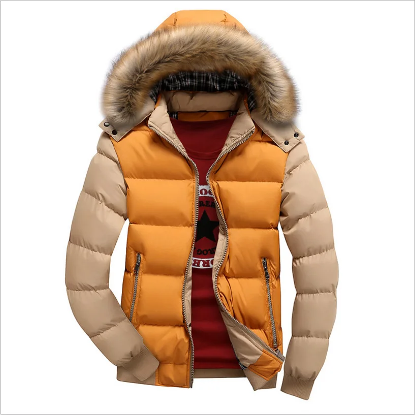 Mens Coats With Fur Hooded Winter Fleece Jackets Men Slim Thicken Outwear Warm Coat Top Brand Clothing Casual Men's Jackets - Color: Yellow Khaki FK047