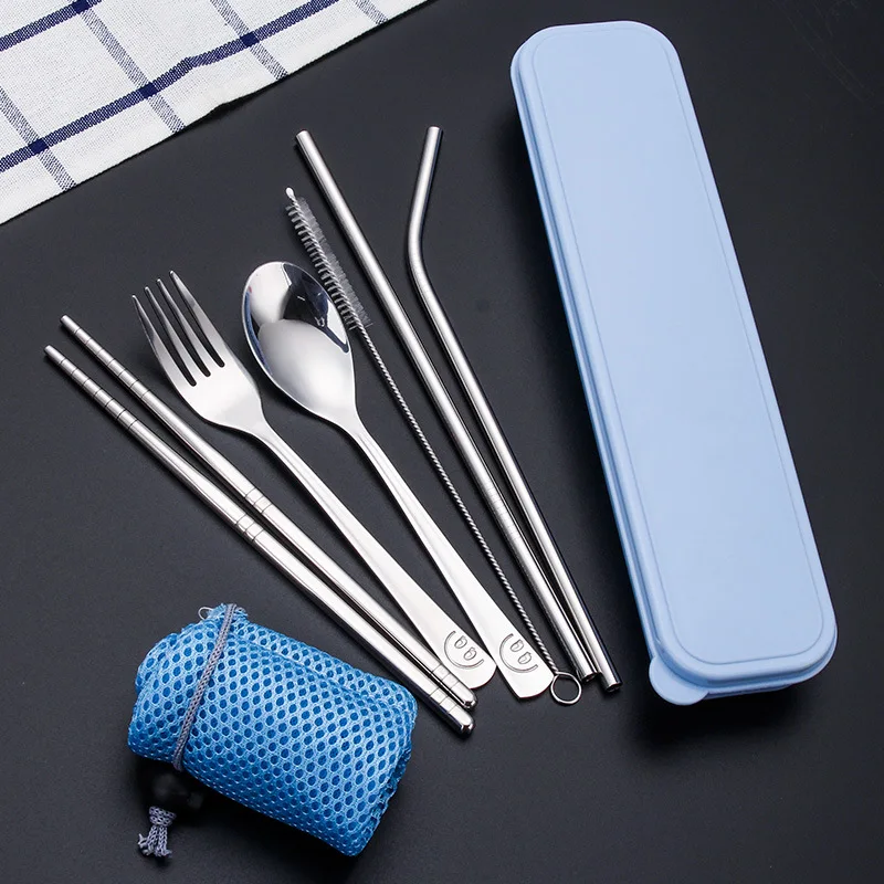 

Portable Dinnerware Set Stainless Steel Chopsticks Fork Spoon tableware Straw 6 Pcs/set with Cloth Pack for Travel Cutlery Set