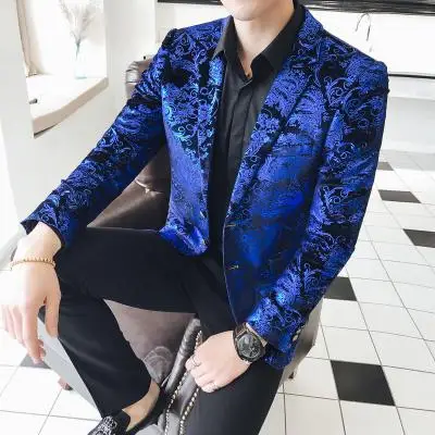 Королевский синий цветочный шикарный смокинг куртка мужской блейзер дизайнерский Блейзер Masculino Slim Fit выпускное платье сценическая куртка Blaser Новинка