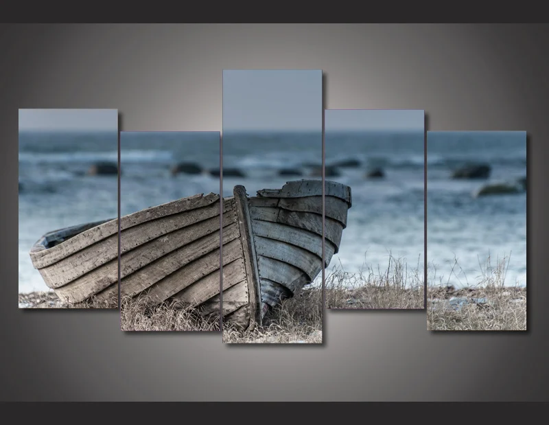 HD Printed Old small wooden boat Painting Canvas Print room decor print