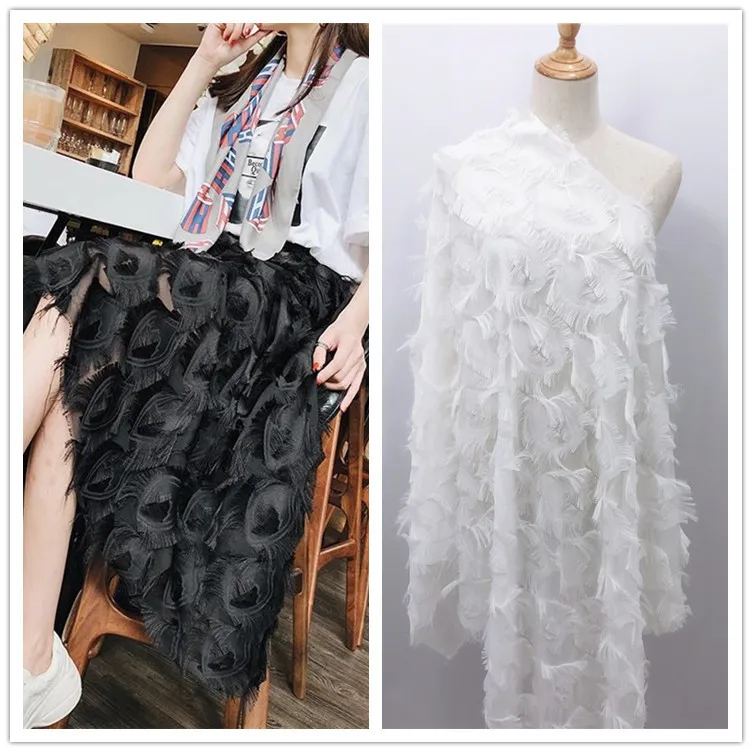 

150cm Wide Black White Jacquard Cut Flower Seide Chiffon Stoff Eyelash Fabric Peacock Feather Fringe Clothing Fashion Decor