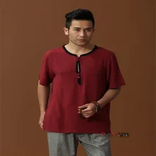 Новое поступление бордовый Традиционный китайский мужской хлопок лен кунг-фу короткий рукав рубашка M L XL XXL XXXL