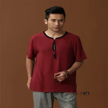 

2016 New Arrival Burgundy Tradition Chinese Men's Cotton Linen Kung-Fu short sleeve shirt M L XL XXL XXXL