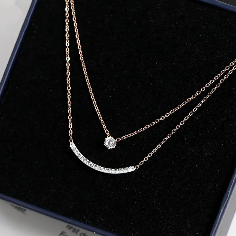 

YUN RUO 2019 Rose Gold Color Double Layer Smiling Pendant Necklace Chain Fashion Titanium Steel Jewelry Never Fade Drop Shipping