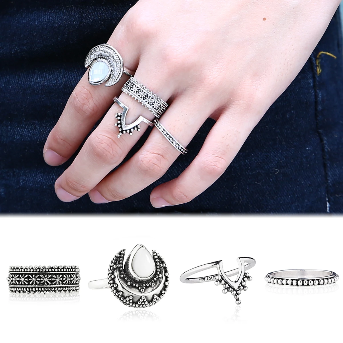 4PCS/Set Vintage Boho Women White Turquoise Silver Knuckle Ring Jewerly