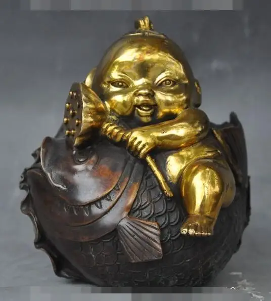 

S5383 6"chinese bronze gilt fengshui Boy Lotus Fish wealth lucky Auspicious Art statue