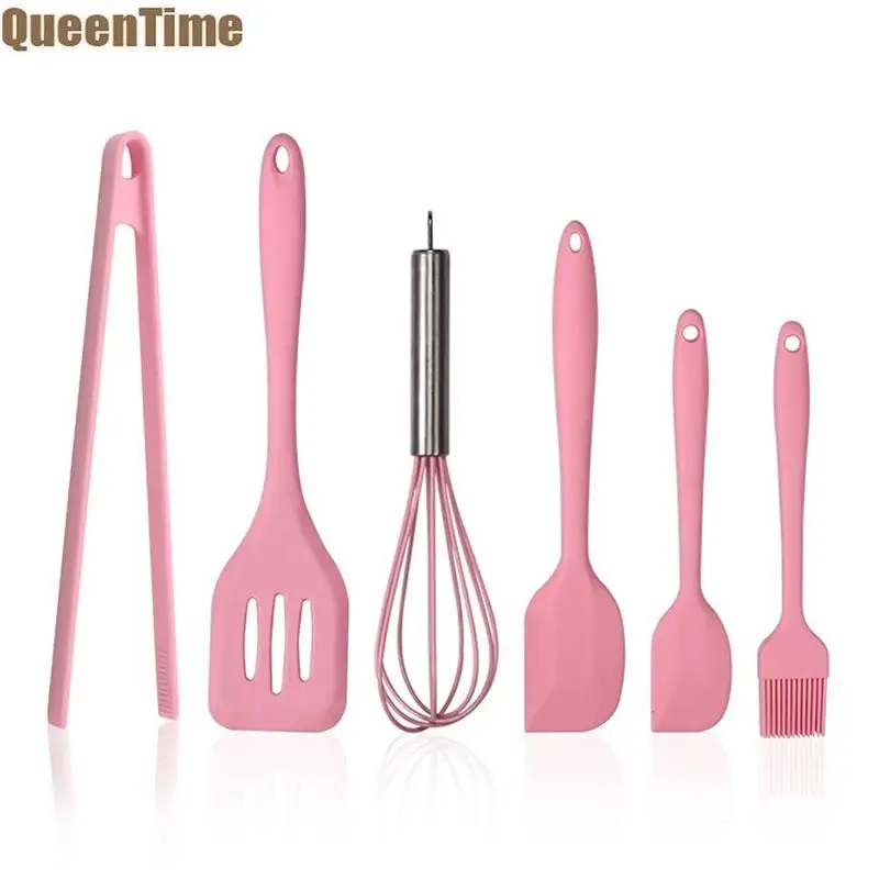 

Queentime 6Pcs Silicone Baking Utensils Set Nonstick Spatula Slotted Turner Kitchen Gadgets Egg Beater Heat Resistant Food Tongs