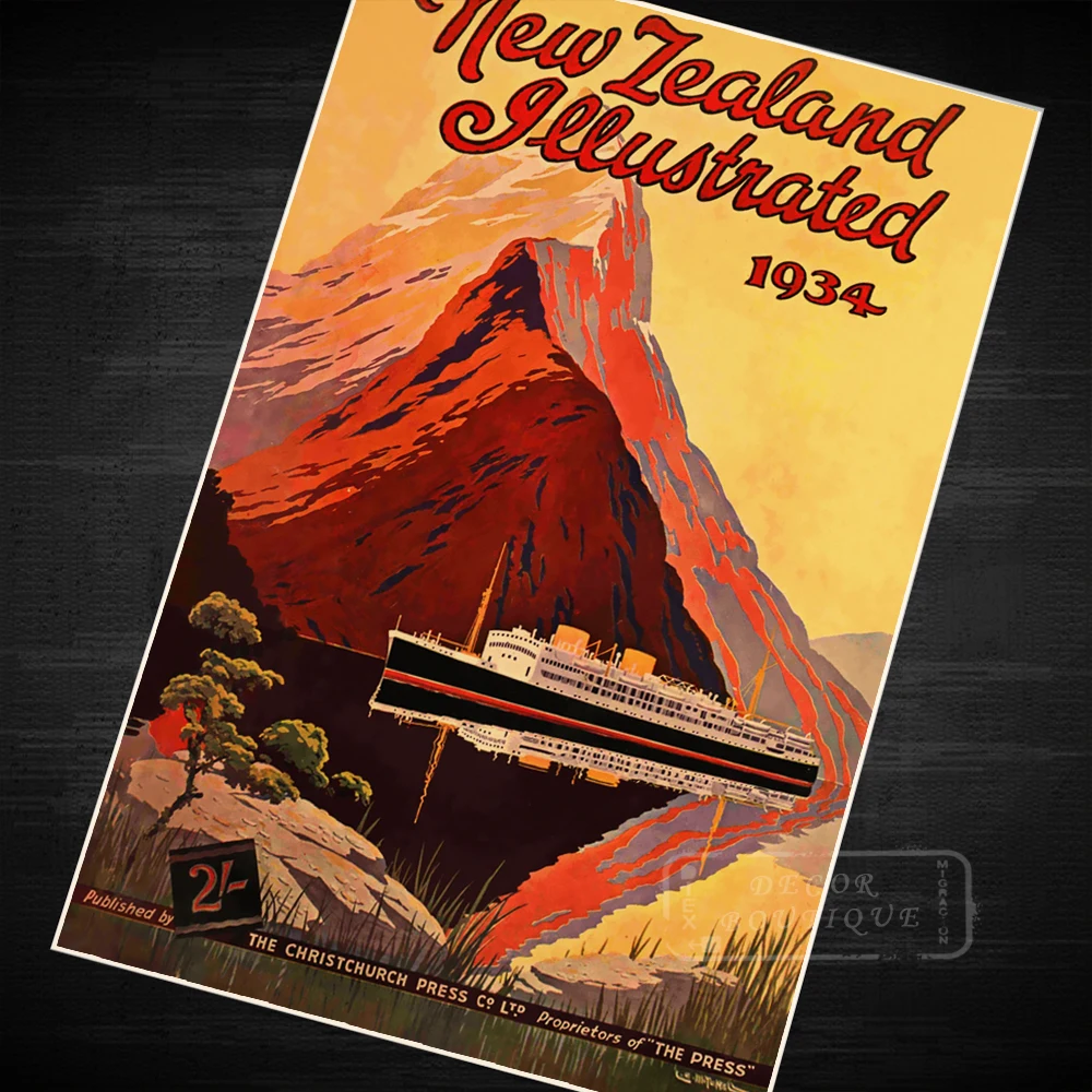 NZ New Zealand Mountains Lake Maori Retro Vintage Kraft Poster Canvas