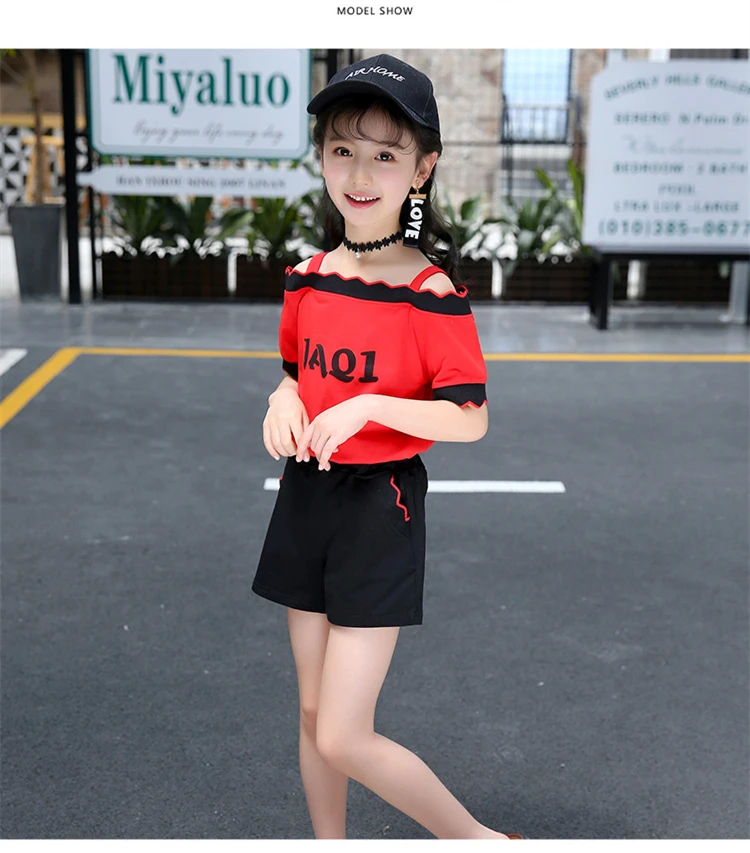 Cute Casual Teenage Clothes For Girls Clothing Sets 2019 Summer Children Shoulderless Letter Tshirt Tops Shorts 2Pcs Kids Suit (5)