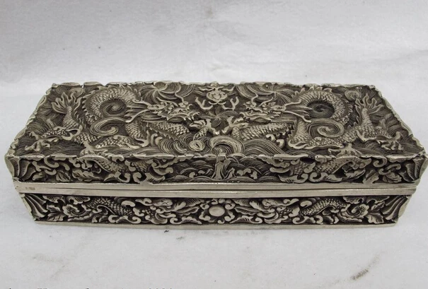 

USPS to USA S3179 2 Chinese Royal Palace White Copper Silver Two Dragon Play Bead Jewelery Box