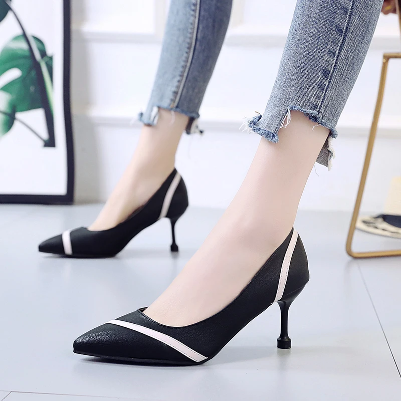 

Liren 2019 Summer Fashion Elegant Lady Shallow Sandals Pointed Wrapped Toe High Hoof Heels Striped Phase Style Fashion Sandals