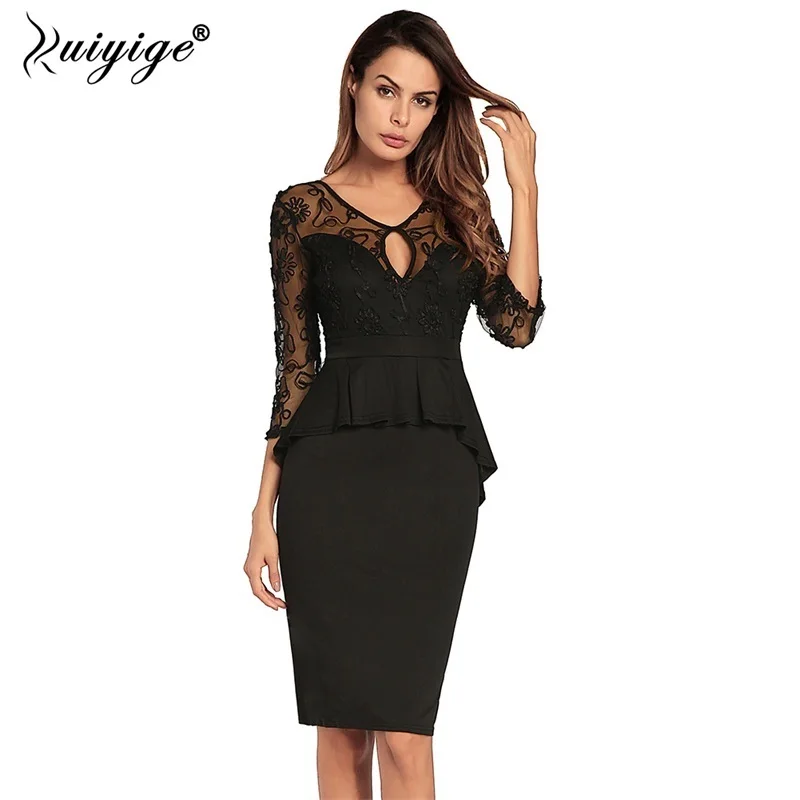 Ruiyige для женщин Bodycon спинки выдалбливают черный кружево лоскутное стрейч
