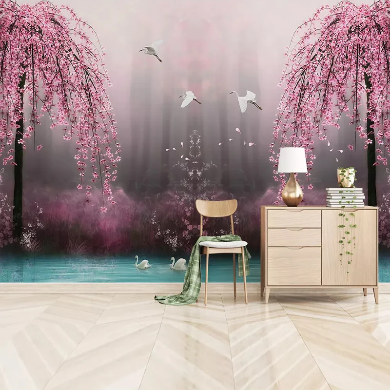 Custom Murals Wallpaper 3D Pink Cherry Blossom Swan Lake Scenery Photo Wall Papers Living Room TV Sofa Bedroom Background Wall Custom Murals Wallpaper 3D Pink Cherry Blossom Swan Lake Scenery Photo Wall Papers Living Room TV Sofa Bedroom Background Wall
