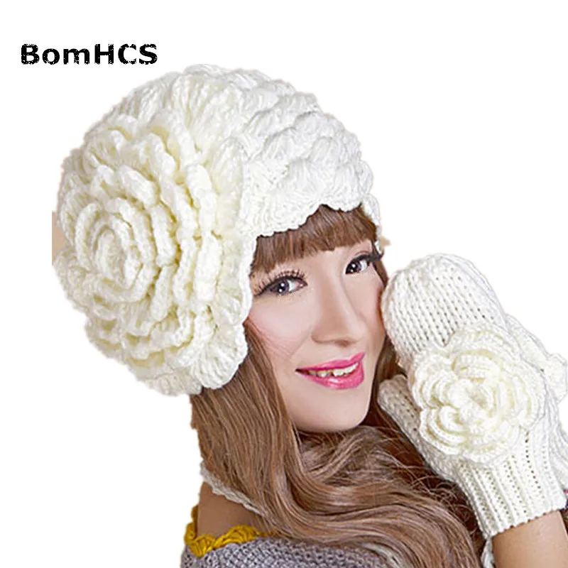 

BomHCS Winter Warm Beanie & Gloves Suit Handmade Knit Crochet Hat Caps Glove with a Big Flower (price for hat or gloves)