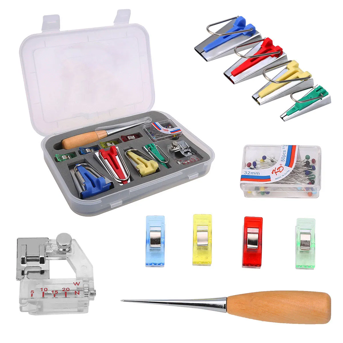 Günstige 60 stücke Stoff Bias Binding Band Maker Kit Bindemittel Fuß Holz Ahle Clips Pins Haushalt DIY Nähen Quilten Werkzeug Set