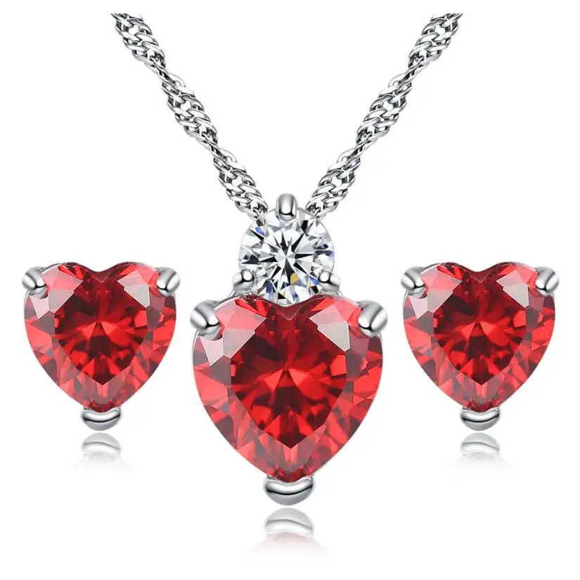 

Hot Love red heart necklace earrings sets CZ wedding jewelry set for women