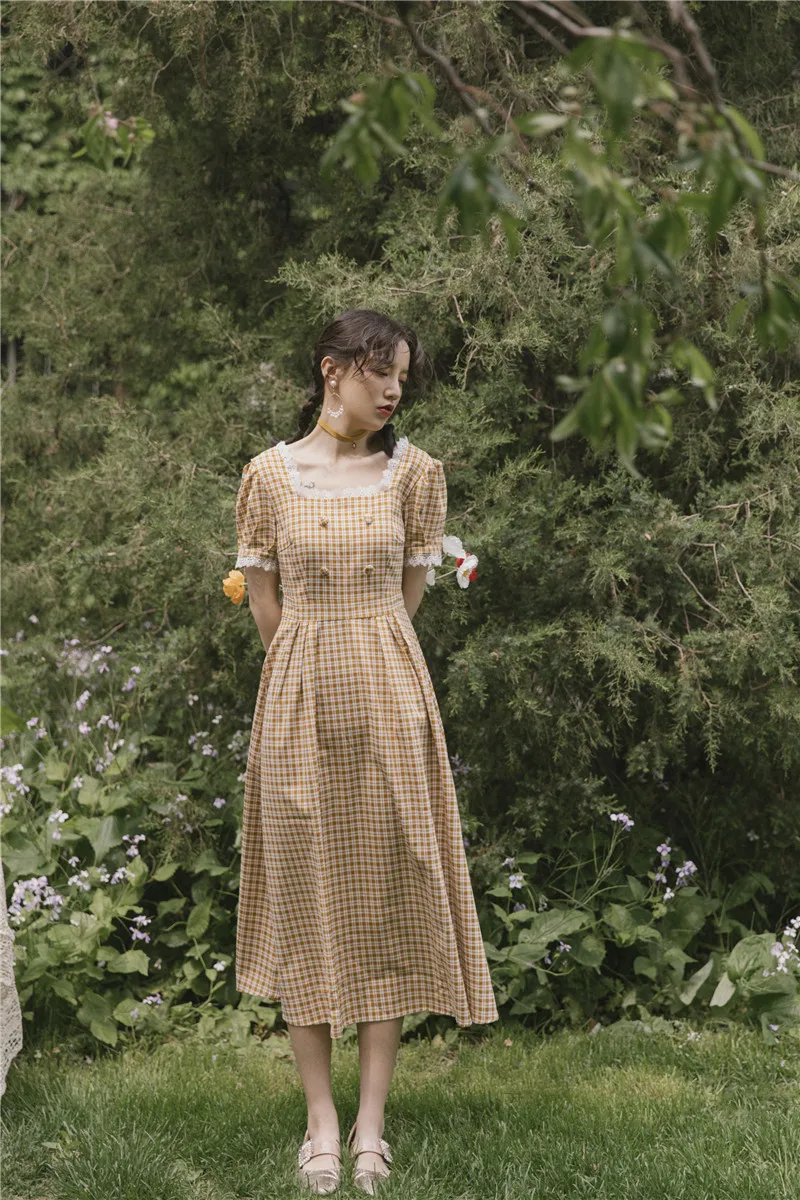 

2019 new fashion women's dresses Summer retro temperament lace collar square high waist plaid long dress
