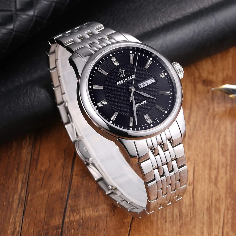 Реджинальд Роскошные Мужские модельные стильные Стальные наручные часы деловые повседневные мужские водонепроницаемые кварцевые часы сапфировые водонепроницаемые часы