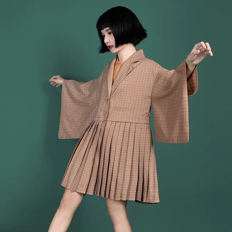 

[EWQ] 2019 Spring Autumn V-collar Long Sleeve Plaid Patchwork Single Breasted Vintage Coat Women Fashion Tide AG57704M