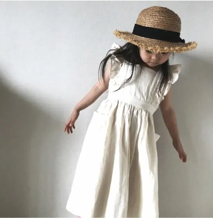 

Kids Girl Cotton Linen Dress Japan Korean Ruffle Sleeveless Princess Dresses Baby Girls Summer Side Pockets Children Clothing