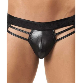 

Backless Sexy Mens Under Wear Low Waist Mens Faux Leather Underwear Black Panties For Men Thong Newest Solid Panty Man MPW062