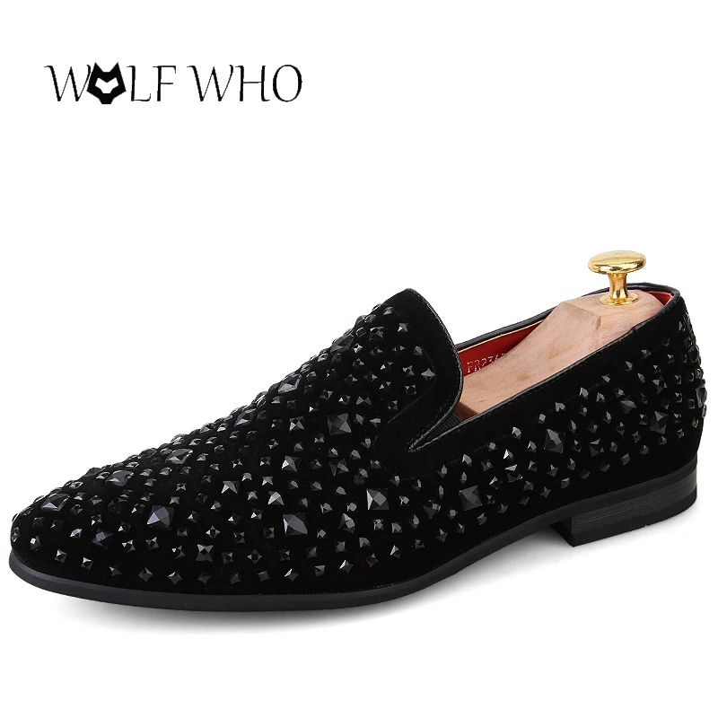 WolfWho Black Spikes Rhinestones Glitter Mens Club Shoes